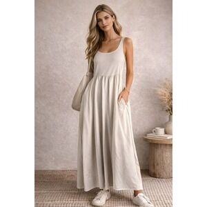Zella Womens Sleeveless Scoop Neck Maxi Dress Beige Pockets Size L 29953